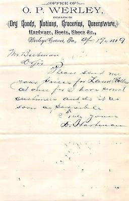 O.P. WERLEY GENERAL STORE WERLEYS CORNER PENNSYLVANIA ANTIQUE ADVERTISING LETTER - K-townConsignments