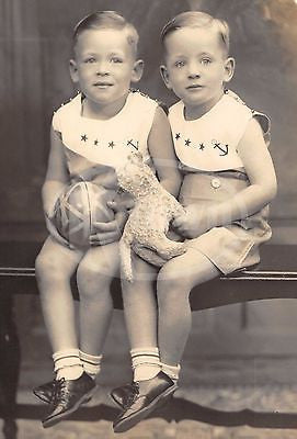 CUTE TWIN BOYS IN SAILOR JUMPERS WITH TOYS ANTIQUE 8X10 STUDIO PHOTOGRAPH - K-townConsignments