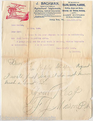JACOB BACHMAN FARMING SUPPLY BERKS PENNSYLVANIA ANTIQUE ADVERTISING LETTER 1891 - K-townConsignments