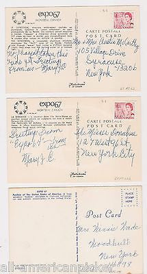 EXPO 67 MONTREAL CANADA THREE VINTAGE SENT SOUVENIR POSTCARDS LOT - K-townConsignments