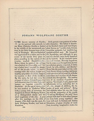 JOHANN WOLFGANG GOETHE GERMAN WRITER ANTIQUE PORTRAIT ENGRAVING PRINT BIO - K-townConsignments