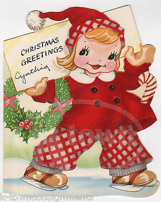 Cute Little Girl Elf Vintage Red Velvet Graphic Illustrated Christmas Greetings - K-townConsignments