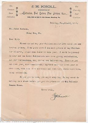 J.H. KNOLL CULTIVATORS FARM EQUIPMENT READING PA ANTIQUE SIGNED LETTERHEAD 1895 - K-townConsignments