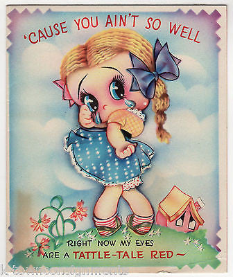 Big Blue Eyes Little Girl Cute Vintage Graphic Art Get Well Greetings Card - K-townConsignments