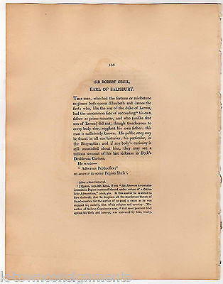 SIR ROBERT CECIL EARL OF SALISBURY ANTIQUE PORTRAIT ENGRAVING PRINT BIO 1806 - K-townConsignments