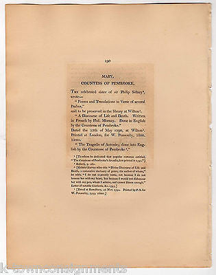 MARY COUNTESS OF PEMBROKE ENGLAND ANTIQUE PORTRAIT ENGRAVING PRINT BIO 1806 - K-townConsignments