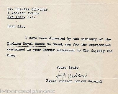 KING VICTOR EMANUEL ROYAL ITALIAN CONSUL STAFF AUTOGRAPH SIGNED LETTERHEAD 1934 - K-townConsignments