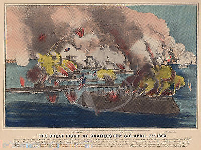 CHALRSTON SC SEA BATTLE VINTAGE CIVIL WAR NAVY GRAPHIC ILLUSTRATION POSTER PRINT - K-townConsignments