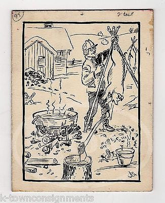 HUNTING CABIN OUTDOORSMAN PIG ROAST ORIGINAL INK SKETCH WWII ARTIST JACK BRYAN - K-townConsignments