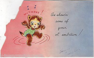 What- You Sick? Whoopee! Cute Dancing Cat Vintage Graphic Get Well Greeting Card - K-townConsignments