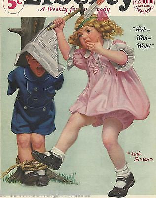LITTLE GIRL PLAYING INDIANS VINTAGE LESLIE THRASHER GRAPHIC COVER PRINT - K-townConsignments