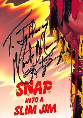 MACHO MAN RANDY SAVAGE VINTAGE AUTOGRAPH SIGNED SLIM JIM JUMBO ADVERTISING CARD - K-townConsignments