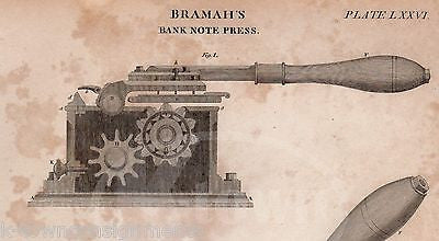 BRAMAH BANK NOTE PRESS NUMISMATIC MACHINE ANTIQUE GRAPHIC ENGRAVING PRINT 1832 - K-townConsignments