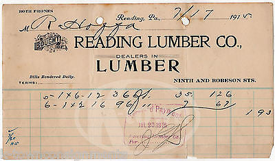 READING LUMBER COMPANY PENNSYLVANIA ANTIQUE ADVERTISING SALES RECEIPT 1915 - K-townConsignments