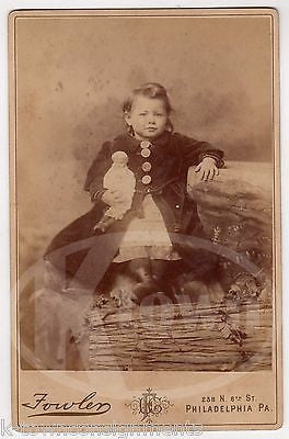 CUTE LITTLE GIRL WITH UNUSUAL BLONDE PORCELAIN DOLL ANTIQUE CABINET PHOTOGRAPH - K-townConsignments