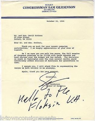 SAM GEJDENSON PENNSYLVANIA CONGRESSMAN AUTOGRAPH SIGNED RE-ELECT STATIONERY NOTE - K-townConsignments