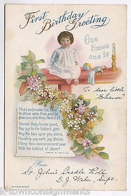 BIRTHDAY GREETINGS POEM ANTIQUE RELIGIOUS GRAPHIC VICTORIAN GREETING CARD - K-townConsignments