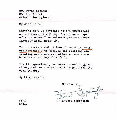 STUART SYMINGTON MISSOURI SENATOR ORIGINAL AUTOGRAPH SIGNED DNC LETTERHEAD 1960 - K-townConsignments
