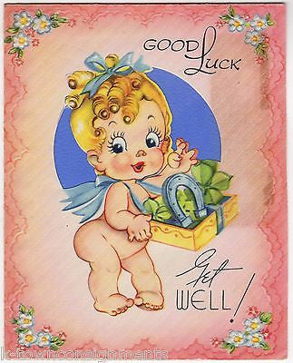 Lucky Horsehoes & Four Leaf Clovers Cute Baby Girl Vintage Graphic Get Well Card - K-townConsignments