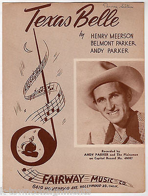 TEXAS BELLE COUNTRY MUSIC SONG BY ANDY PARKER VINTAGE SHEET MUSIC 1948 - K-townConsignments