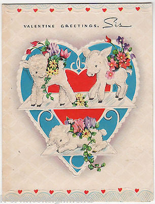 Cute Little Donkey & Lambs Sparkle Vintage Graphic Art Sister Valentine's Card - K-townConsignments