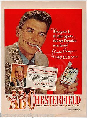 RONALD REAGAN VOICE OF THE TURTLE ACTOR VINTAGE CHESTERFIELD CIGARETTES AD PRINT - K-townConsignments