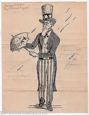Uncle Sam US Army Umbrella Vintage Signed Patriotic Ink Sketch Drawing & Print - K-townConsignments