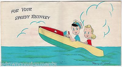 Speed Boat Launching Cute Girl Sailor Vintage Graphic Illustrated Get Well Card - K-townConsignments