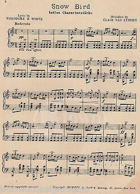 SNOWBIRD NATIVE AMERICAN INDIAN GRAPHICS ANTIQUE SAMPLE COPY SHEET MUSIC 1916 - K-townConsignments