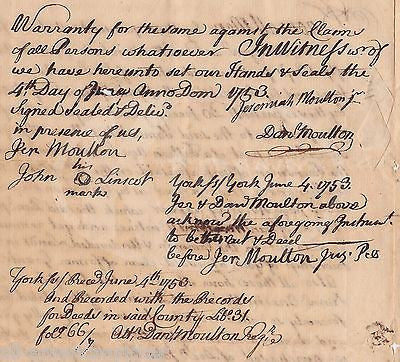 SAM SEWALL DANIEL MOULTON YORK MAINE ANTIQUE AUTOGRAPH SIGNED LAND DOCUMENT 1753 - K-townConsignments