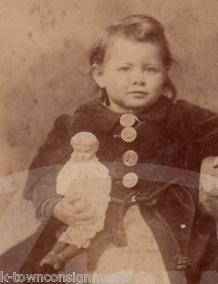 CUTE LITTLE GIRL WITH UNUSUAL BLONDE PORCELAIN DOLL ANTIQUE CABINET PHOTOGRAPH - K-townConsignments