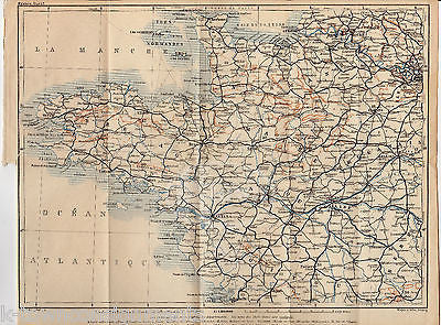 WESTERN FRANCE NANTES NORMADY BREST ANTIQUE FOLD-OUT MAP WAGNER LEIPZIG 1909 - K-townConsignments