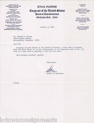 STAN PARRIS VIRGINIA SENATOR ORIGINAL AUTOGRAPH SIGNED SENATE LETTERHEAD 1982 - K-townConsignments