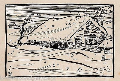 SNOWBOUND WINTER COTTAGE ORIGINAL INK SKETCH DRAWING WWII ARTIST JACK BRYAN - K-townConsignments