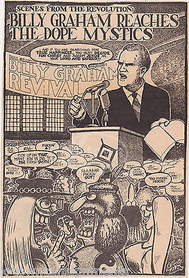 BILLY GRAHAM REVIVAL TENT HIPPIE POT HEADS VINTAGE POLITICAL CARTOON NEWS PRINT - K-townConsignments