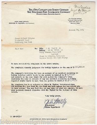 AETNA CASUALTY & SECURITY COMPANY FIRE INSURANCE VINTAGE SIGNED LETTERHEAD 1964 - K-townConsignments