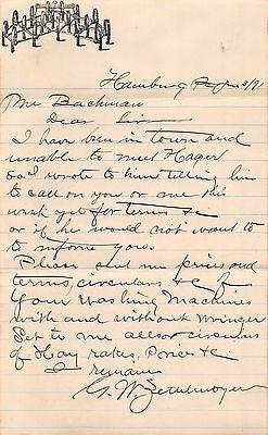 G W ZETTLEMOYER HAMBURG PENNSYLVANIA ANTIQUE AUTOGRAPH SIGNED ADVERTISING LETTER - K-townConsignments