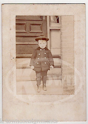 CUTE LITTLE BOY IN HAT & PEACOAT WITH OLD LEATHER SHOES ANTIQUE PHOTO ON BOARD - K-townConsignments