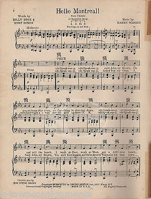 HELLO MONREAL BILLY ROSE SONG IRVING BERLIN ANTIQUE GRAPHIC ART SHEET MUSIC 1928 - K-townConsignments
