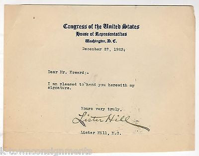 LISTER HILL ALABAMA CONGRESSMEN ANTIQUE AUTOGRAPH SIGNED STATIONERY LETTER 1923 - K-townConsignments