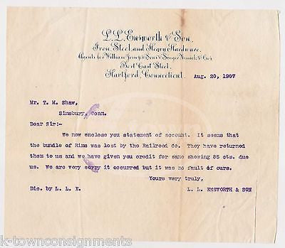 ENSWORTH & SON IRON STEEL HARDWARE HARTFORD CT ANTIQUE STATIONERY LETTER 1907 - K-townConsignments