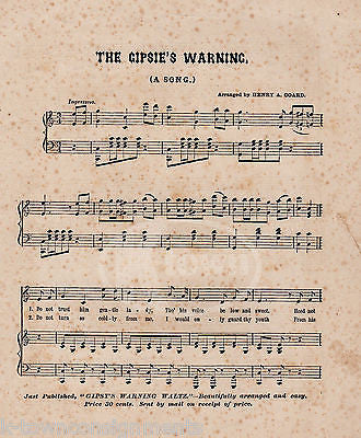 THE GYPSY WARNING PIANO FORTE HENRY COARD ANTIQUE ENGRAVING SHEET MUSIC 1864 - K-townConsignments