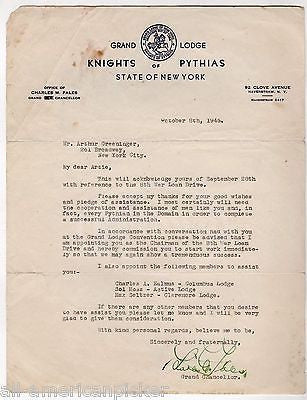 KNIGHTS OF PYTHIAS NEW YORK GRAND LODGE VINTAGE SIGNED STATIONERY LETTERHEAD - K-townConsignments