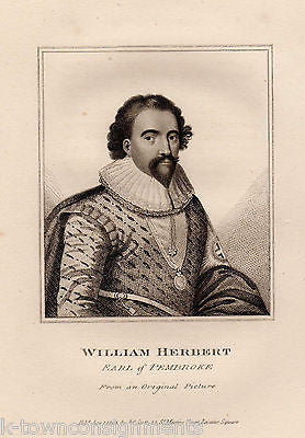 WILLIAM HERBERT EARL OF PEMBROKE ANTIQUE PORTRAIT ENGRAVING PRINT BIO 1806 - K-townConsignments