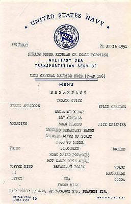 US NAVY MILITARY SEA TRANSPORTATION USNS MAURICE ROSE VINTAGE BREAKFAST MENU - K-townConsignments