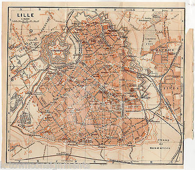 LILLE FRANCE CITADELLE CITY STREETS ANTIQUE FOLD-OUT MAP WAGNER LEIPZIG 1909 - K-townConsignments
