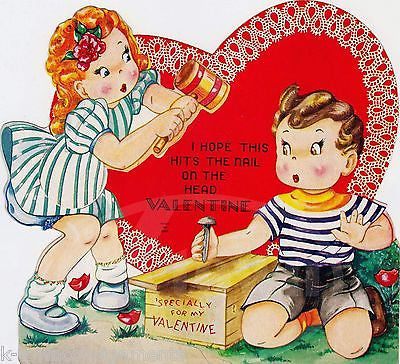 LITTLE GIRL & BOY WITH HAMMER VINTAGE MOTION GRAPHIC UNUSED VALENTINE'S DAY CARD - K-townConsignments