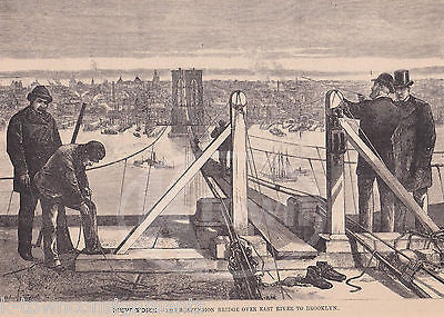 NEW YORK BROOKLYN SUSPENSION BRIDGE EAST RIVER ANTIQUE NEWS ENGRAVING PRINT 1877 - K-townConsignments