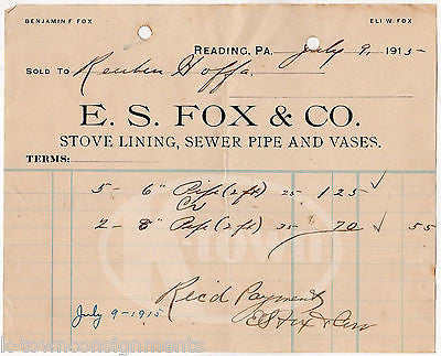 ELI FOX SEWAGE PIPE Co. READING PENNSYLVANIA ANTIQUE ADVERTISING SALES RECEIPT - K-townConsignments