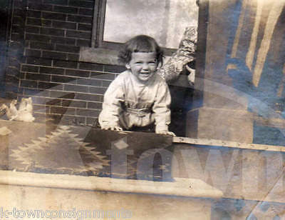 CUTE LITTLE GIRL STEIFF TEDDY BEAR ON NAVAJO INDIAN RUG ANTIQUE SNAPSHOT PHOTOS - K-townConsignments